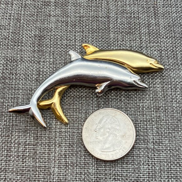 Liz Claiborne Jewelry - Liz Claiborne Dolphin Brooch Pin 3 In Gold Silver Sleek Elegant Swimming Glam